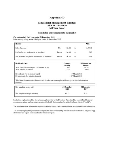 Thumbnail Sims Limited Half-year Report 2018-2019-h1