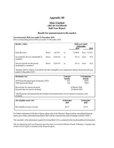 Thumbnail Sims Limited Half-year Report 2019-2020-h1