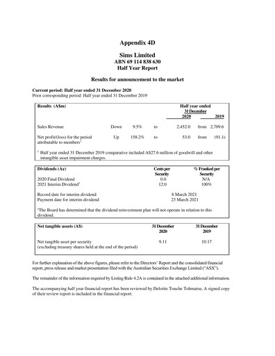 Thumbnail Sims Limited Half-year Report 2020-2021-h1