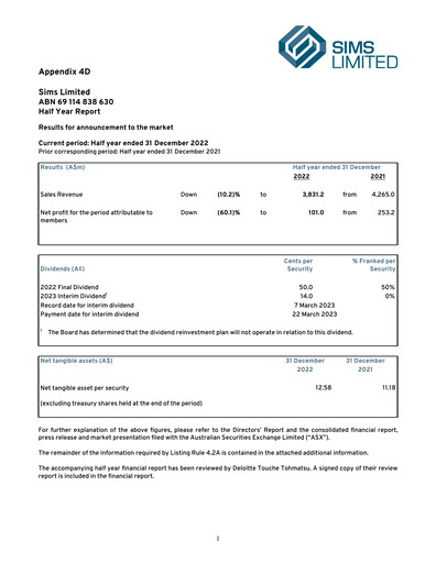 Thumbnail Sims Limited Half-year Report 2022-2023-h1