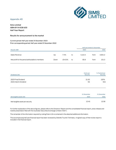 Thumbnail Sims Limited Half-year Report 2023-2024-h1