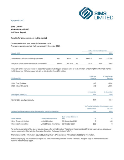 Thumbnail Sims Limited Half-year Report 2024-2025-h1
