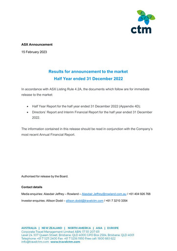 Thumbnail Corporate Travel Management Half-year Report 2023-h1