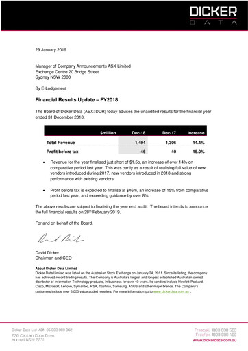 Thumbnail Dicker Data Financial Report 2018