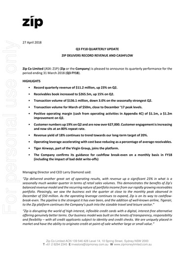 Thumbnail Zip Co Quarterly Report 2018-q3