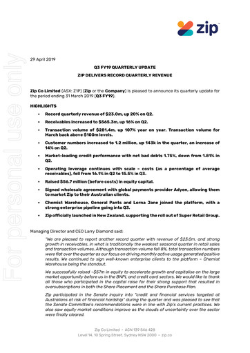 Thumbnail Zip Co Quarterly Report 2019-q3