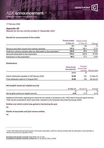 Thumbnail Growthpoint Properties Australia Half-year Report 2022-h1