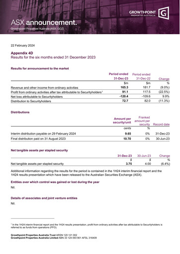 Miniature Growthpoint Properties Australia Rapport semestriel 2024-h1