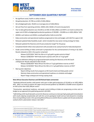 Miniature West African Resources Rapport trimestriel 2024-q3
