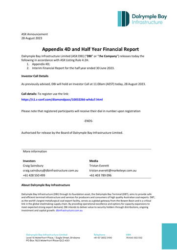 Thumbnail Dalrymple Bay Infrastructure Financial Report 2023-h1