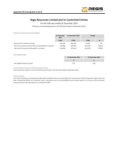 Vorschaubild Regis Resources Halbjahresbericht 2024-h1