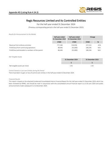 Vorschaubild Regis Resources Halbjahresbericht 2025-h1