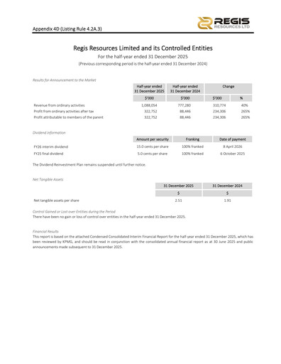 Vorschaubild Regis Resources Halbjahresbericht 2026-h1