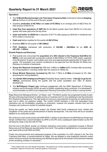 Vorschaubild Regis Resources Quartalsbericht 2021-q1