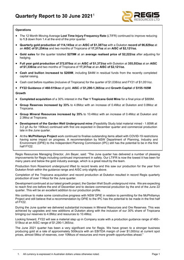 Vorschaubild Regis Resources Quartalsbericht 2021-q2