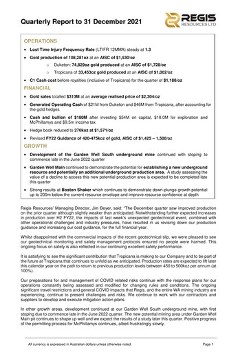 Vorschaubild Regis Resources Quartalsbericht 2021-q4