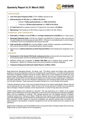 Vorschaubild Regis Resources Quartalsbericht 2022-q1
