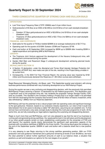 Vorschaubild Regis Resources Quartalsbericht 2024-q3