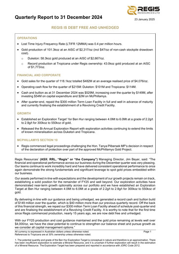 Vorschaubild Regis Resources Quartalsbericht 2024-q4