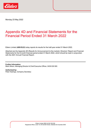 Thumbnail Elders Limited Half-year Report 2022-h1