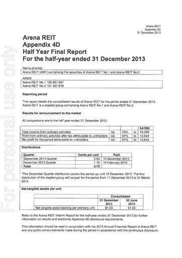 Thumbnail Arena REIT Financial Report 2014-h1