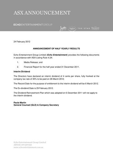 Thumbnail The Star Entertainment Group Financial Report 2012-h1