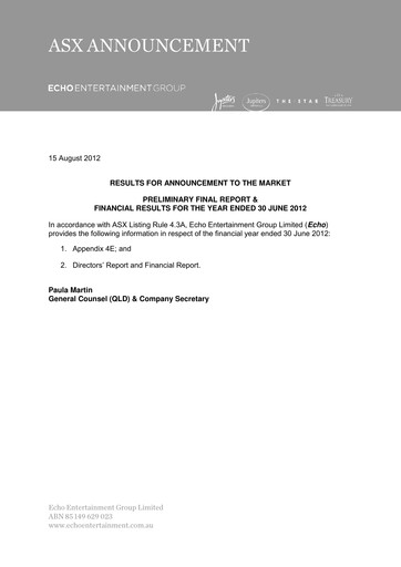 Thumbnail The Star Entertainment Group Financial Report 2012