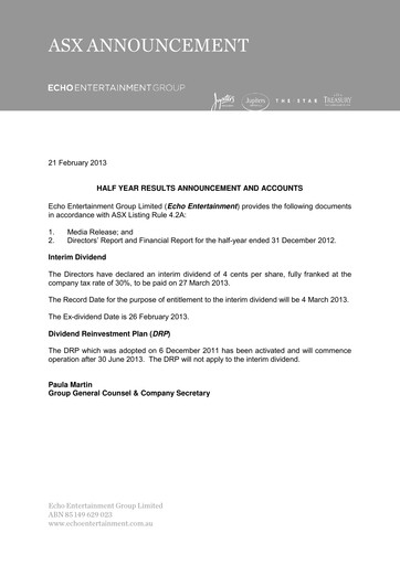 Thumbnail The Star Entertainment Group Financial Report 2013-h1