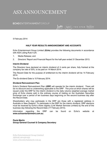 Thumbnail The Star Entertainment Group Financial Report 2014-h1