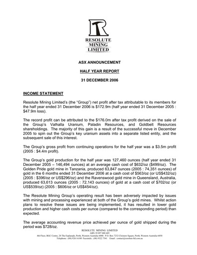 Thumbnail Resolute Mining Half-year Report 2006-h2