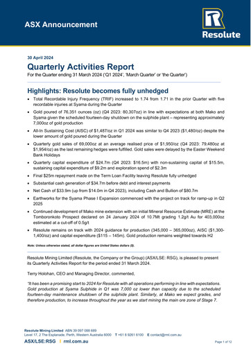 Miniature Resolute Mining Rapport trimestriel 2024-q1