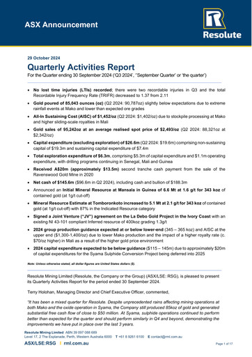 Miniature Resolute Mining Rapport trimestriel 2024-q3