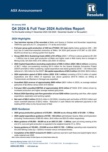Miniature Resolute Mining Rapport trimestriel 2024-q4