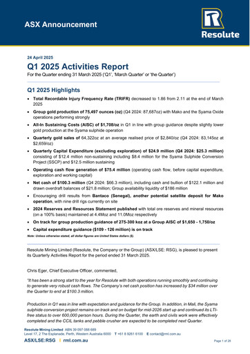 Miniature Resolute Mining Rapport trimestriel 2025-q1