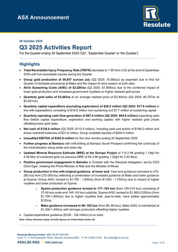 Miniature Resolute Mining Rapport trimestriel 2025-q3