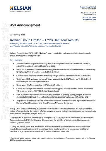 Thumbnail Kelsian Group Half-year Report 2023-h1