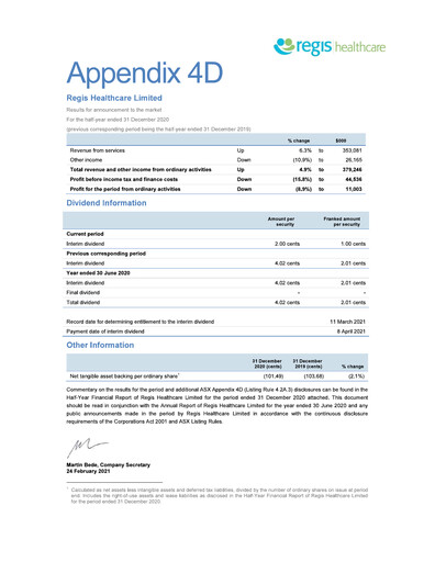 Thumbnail Regis Healthcare Financial Report 2021-h1