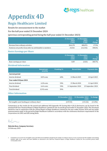 Thumbnail Regis Healthcare Financial Report 2025-h1