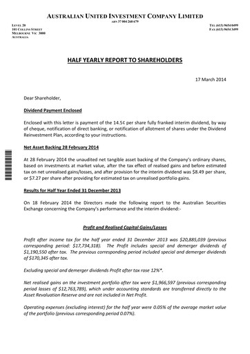 Thumbnail Australian United Investment Company Half-year Report 2013