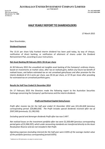 Thumbnail Australian United Investment Company Half-year Report 2014-h1