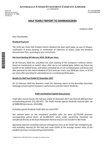 Thumbnail Australian United Investment Company Half-year Report 2017-h1