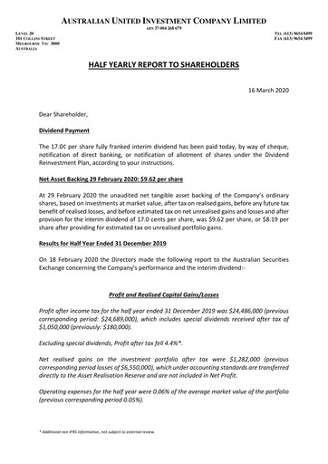 Thumbnail Australian United Investment Company Half-year Report 2019-h1