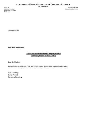 Thumbnail Australian United Investment Company Half-year Report 2020-h1