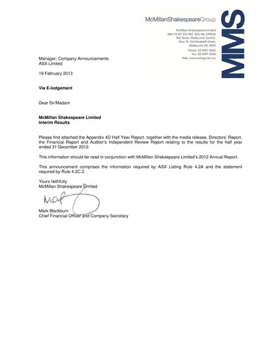 Thumbnail McMillan Shakespeare Half-year Report 2013-h1