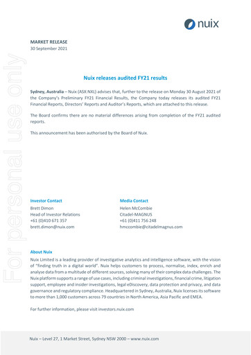 Thumbnail Nuix Limited Financial Report 2021