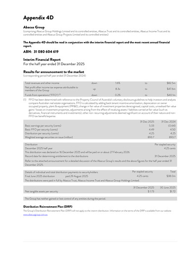 Vorschaubild Abacus Group Finanzbericht 2026-h1