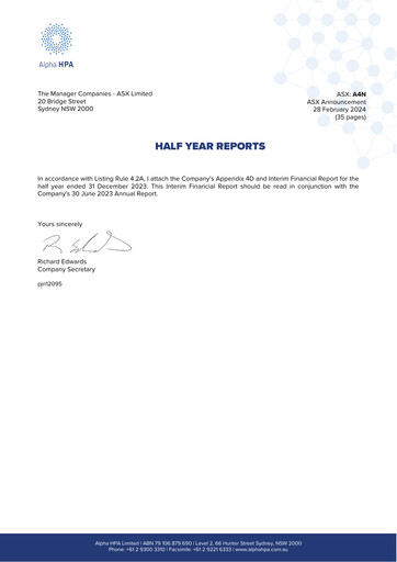 Thumbnail Alpha HPA Limited Annual Report 2024-h1