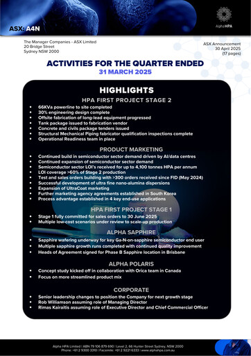Vorschaubild Alpha HPA Limited Quartalsbericht 2025-q1