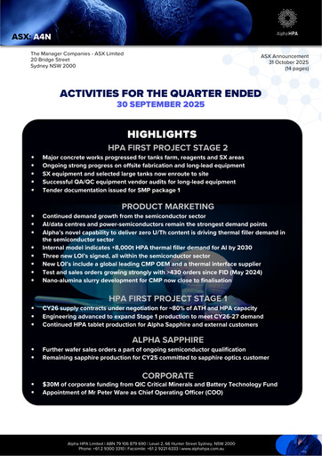 Vorschaubild Alpha HPA Limited Quartalsbericht 2025-q3