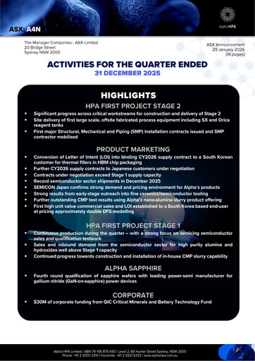 Vorschaubild Alpha HPA Limited Quartalsbericht 2025-q4